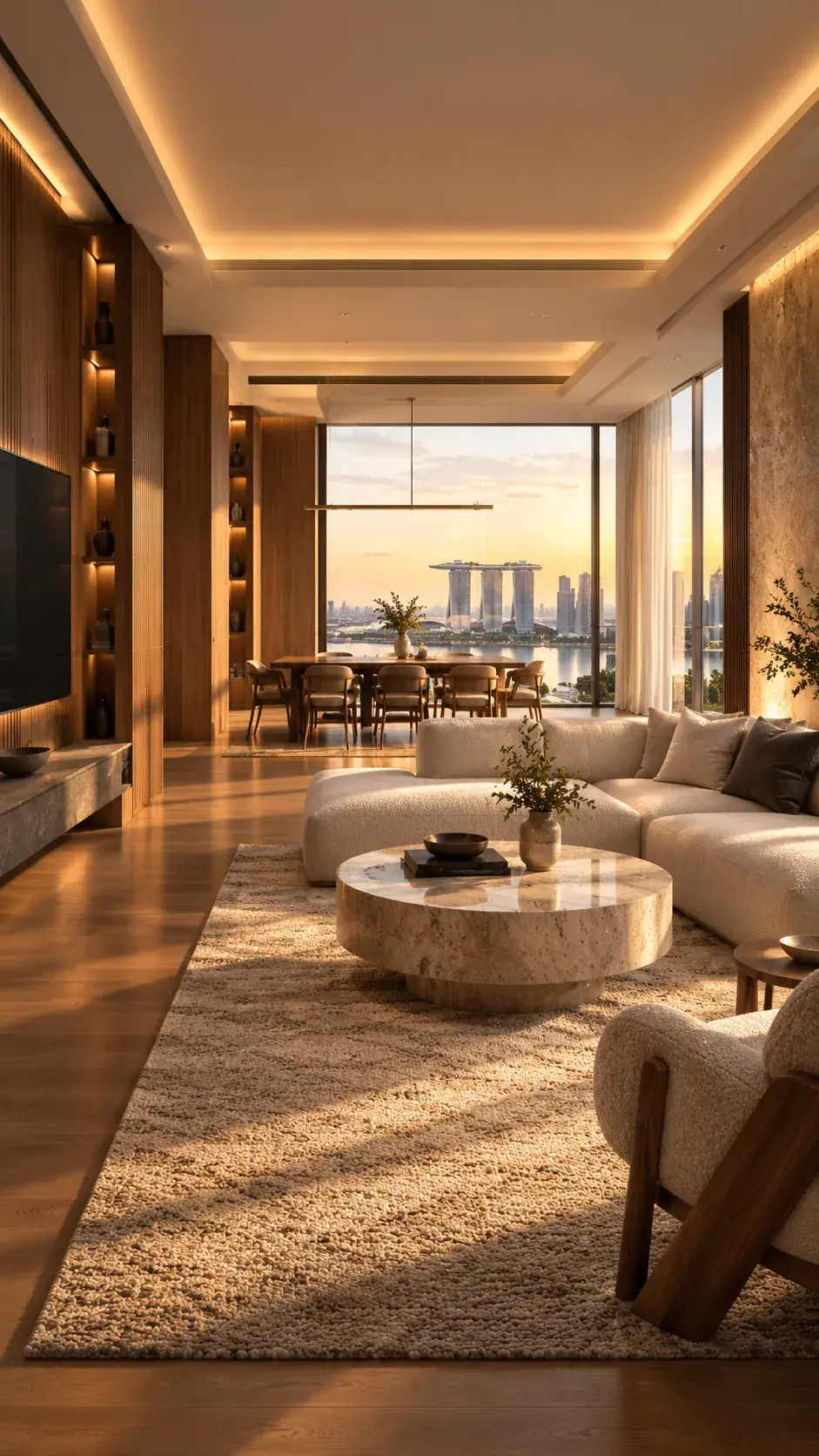 Living room with walnut panelling, a travertine coffee table and a golden-hour view of Marina Bay