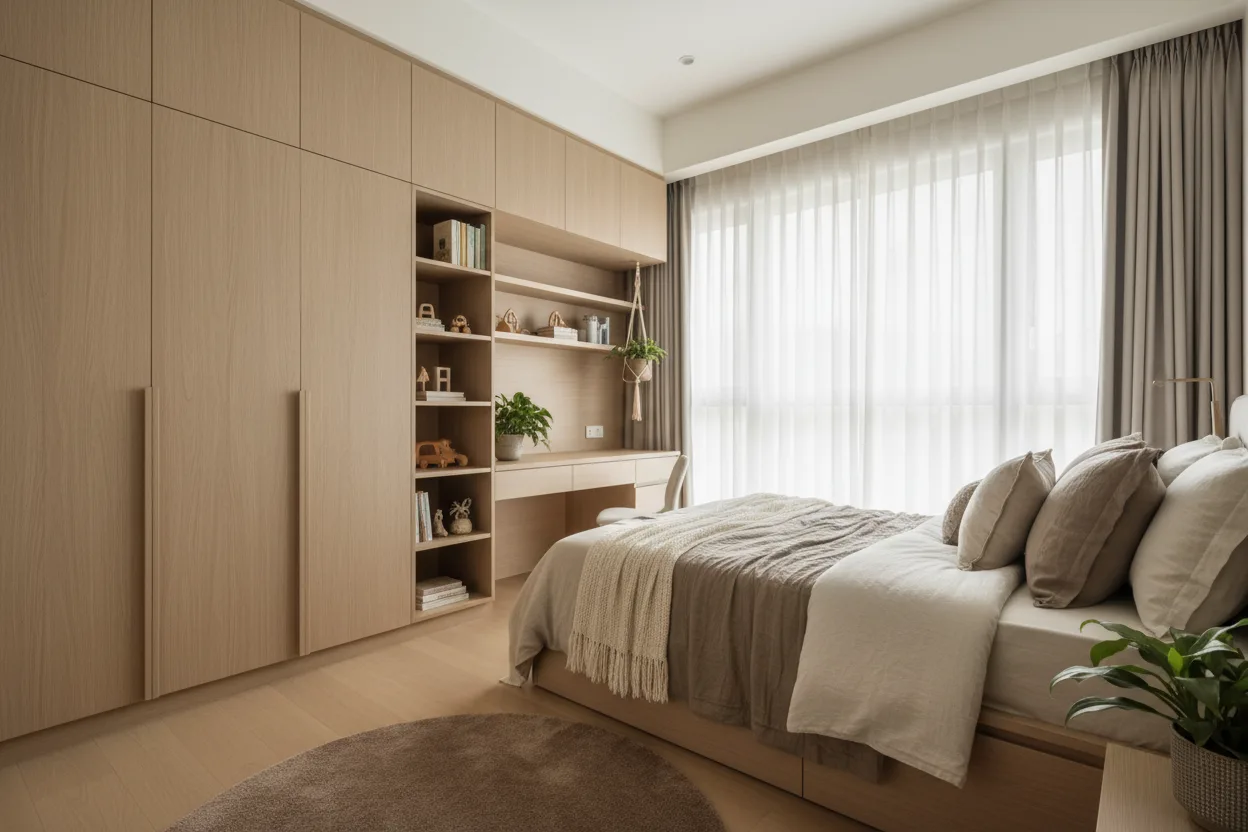 Children's bedroom with a built-in wardrobe and study desk made from ENF-grade plywood